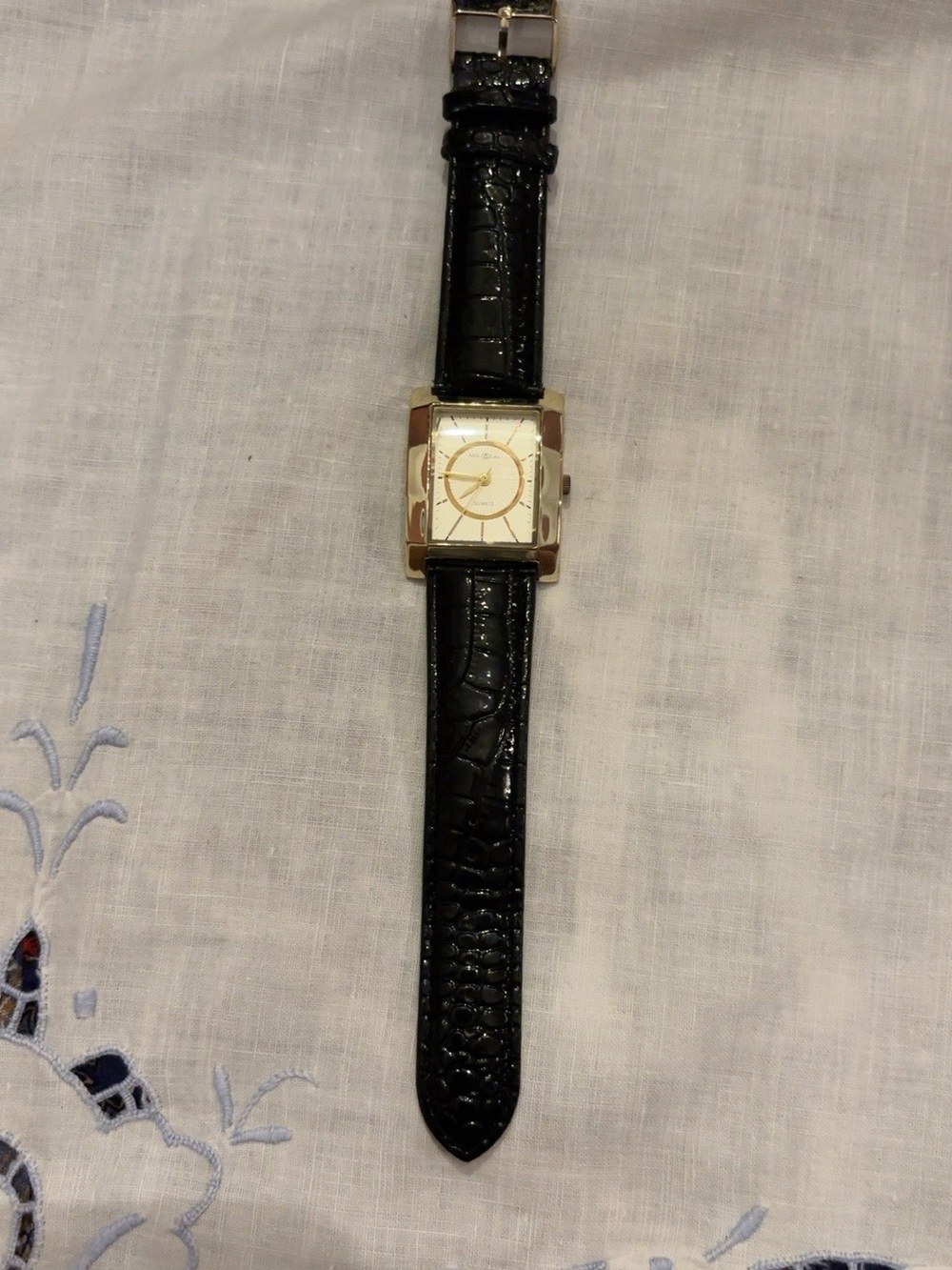 Nouveau Gold Tone Rectangular Quartz Watch Black Croc Strap New Battery
